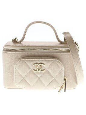 Chanel Vanity Quilted Caviar Leather 2-Way Chain Shoulder Hand Bag Gold Beige